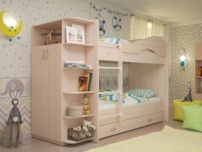 Кровать 2-х ярусная Мая с ящиками и шкафом на латофлексах млечный дуб в Талице - talica.magazinmebel.ru | фото