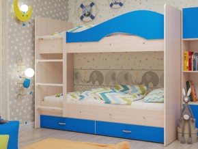Кровать 2-х ярусная Мая с ящиками на латофлексах млечный дуб/синий в Талице - talica.magazinmebel.ru | фото